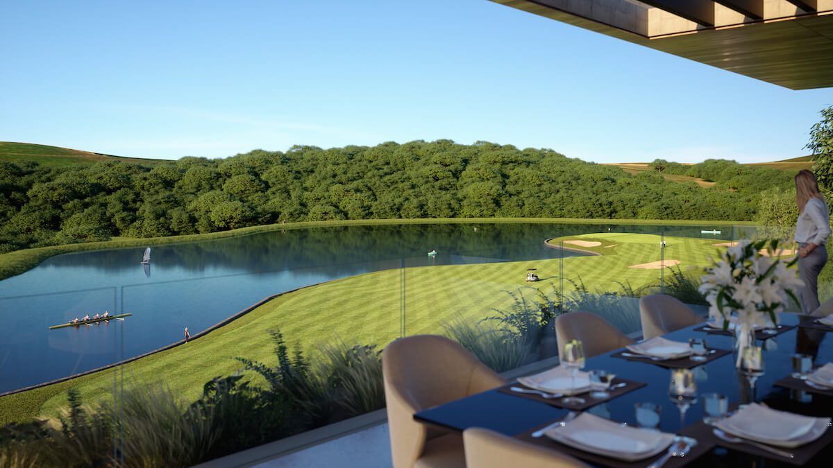 Clubhouse terrace dining overlooking a lake and golf green, ideal for golf day lunches and prize-givings